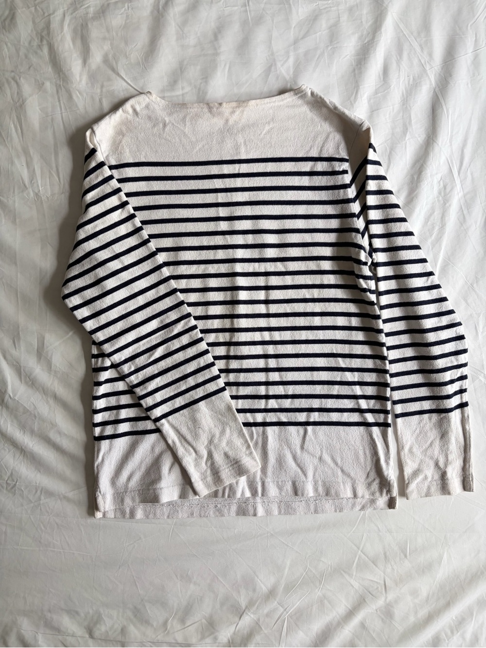 Men's MUJI White and Navy Striped Long-Sleeve Sweater